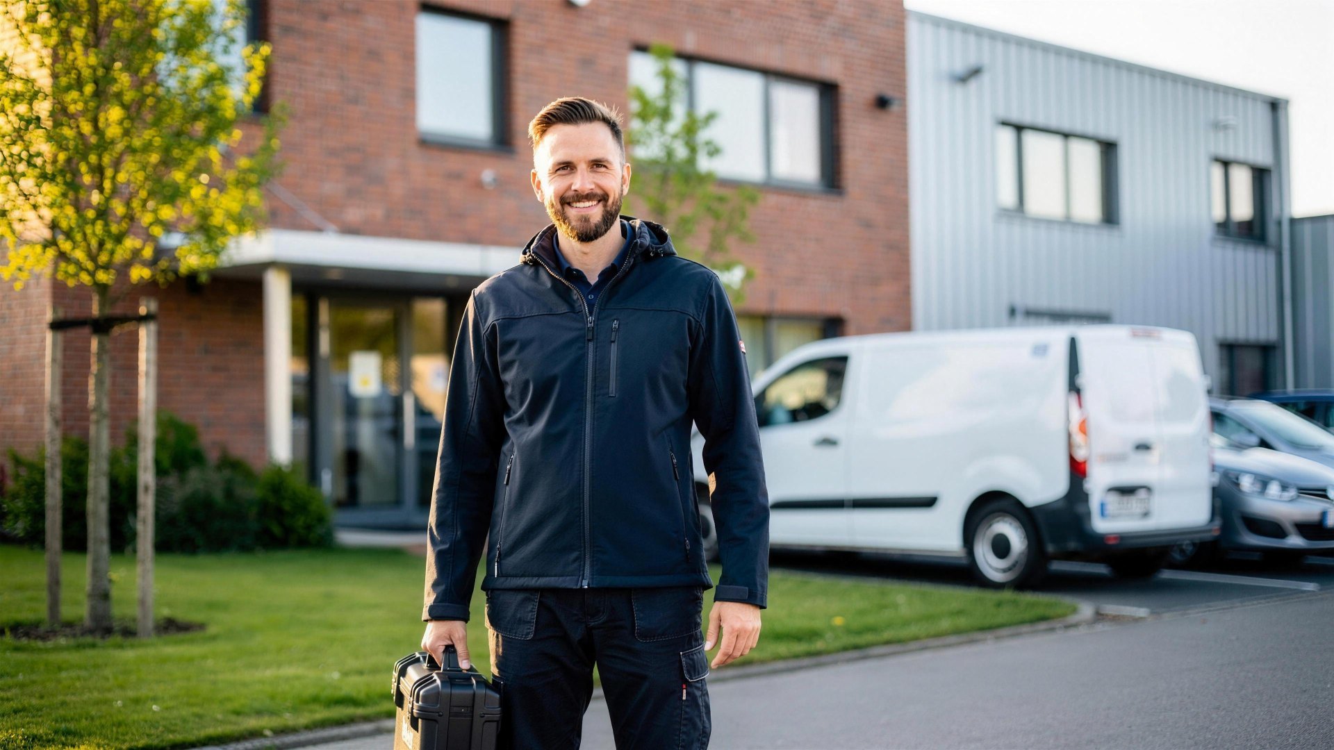 IT-Servicetechniker von badata mit Servicekoffer vor dem Betriebsgebaeude eines mittelstaendischen Kunden in der Region Bremen