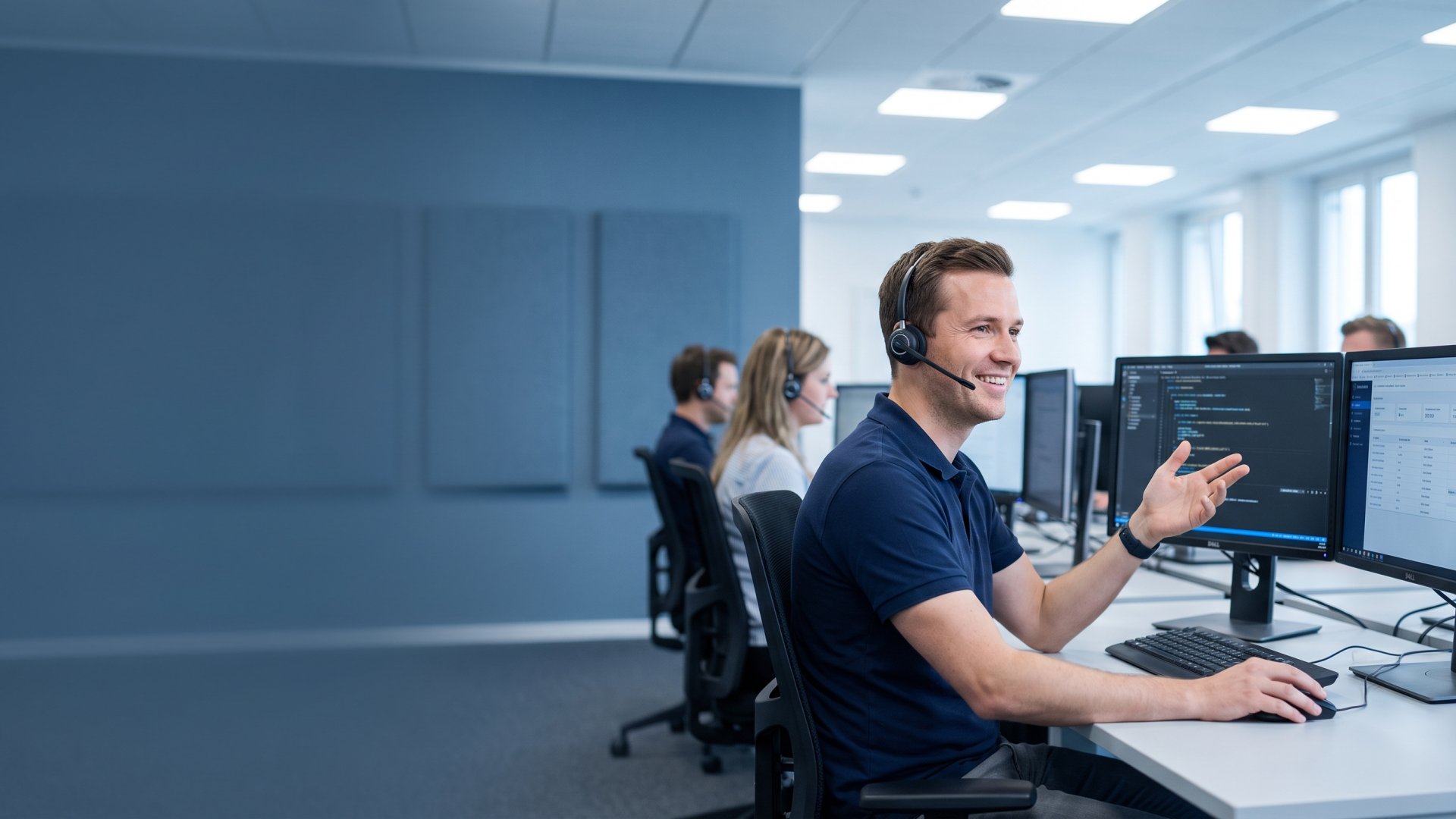 IT-Support-Mitarbeiter von badata am Helpdesk bei der Bearbeitung von Kundenanfragen in Ritterhude bei Bremen